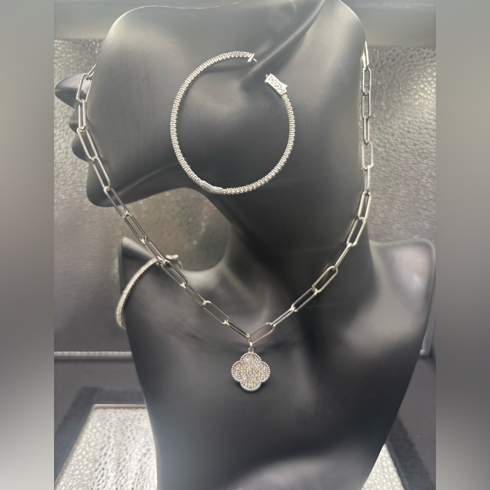 Bundle,Elegant Sterling Silver Necklace With Pendant & Sterling Silver Hoop Set
